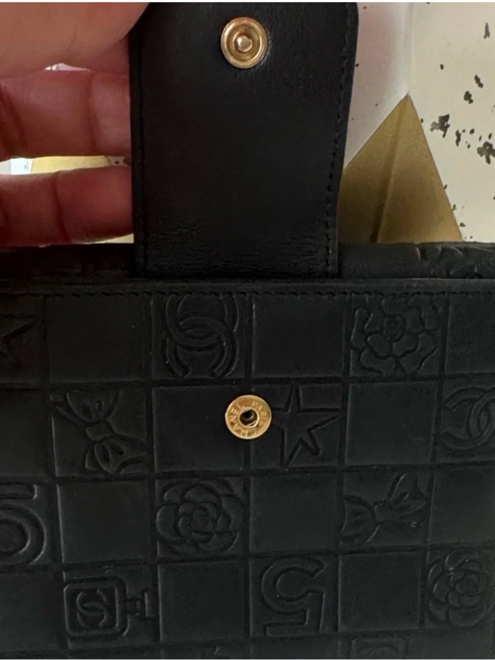 CHANEL Black Quilted Embossed Leather Small Wallet with Gold CC Snap